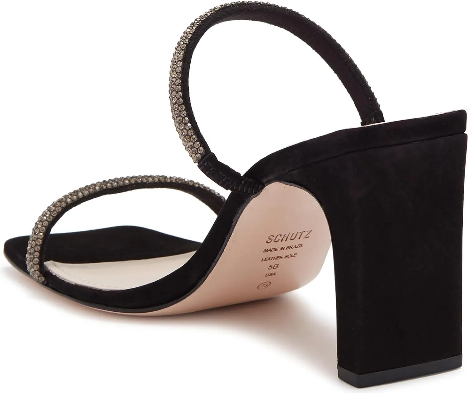 SCHUTZ Salwa Black Suede Rhinestone Open Toe Thin Strap Mid Heel Mule Sandals, 10