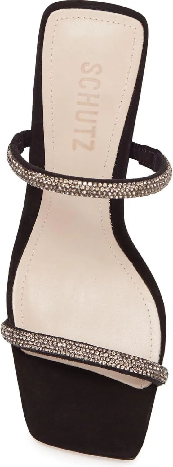 SCHUTZ Salwa Black Suede Rhinestone Open Toe Thin Strap Mid Heel Mule Sandals, 10