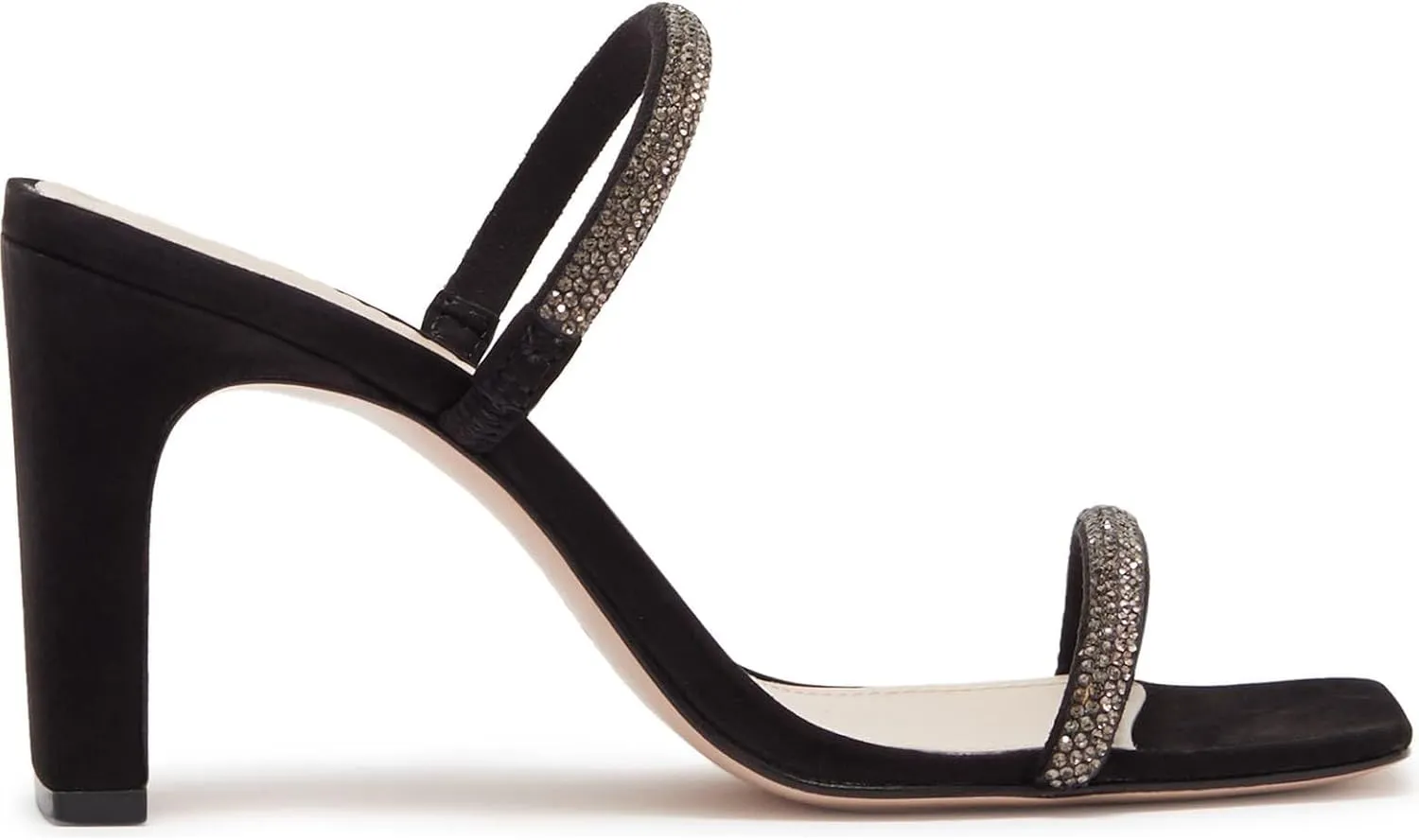 SCHUTZ Salwa Black Suede Rhinestone Open Toe Thin Strap Mid Heel Mule Sandals, 10