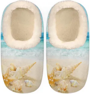 Sea Shell House Slippers for Women/Men, Non-Slip House Slipper Socks, Plush Lined Slippers Shoes for Boys Girls Teens Indoor Bedroom (Sandy Beach)