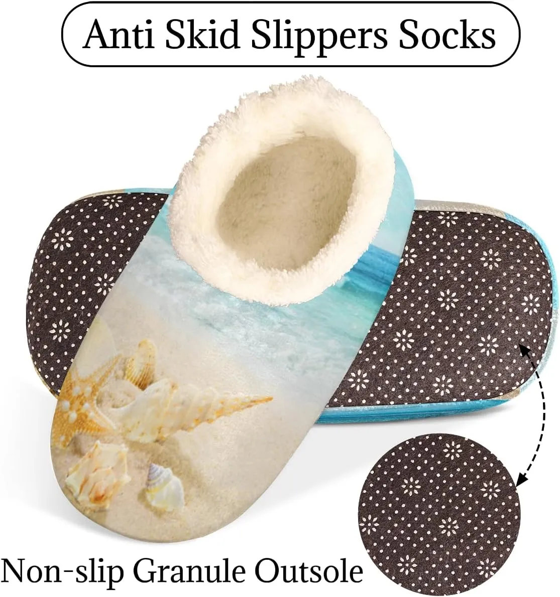 Sea Shell House Slippers for Women/Men, Non-Slip House Slipper Socks, Plush Lined Slippers Shoes for Boys Girls Teens Indoor Bedroom (Sandy Beach)