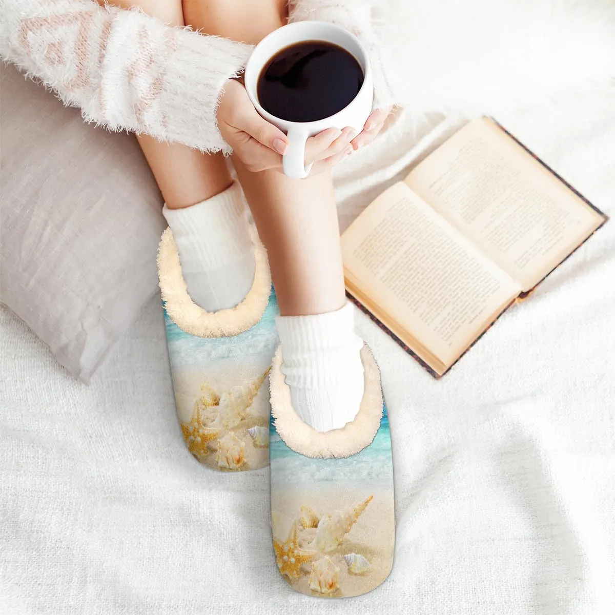 Sea Shell House Slippers for Women/Men, Non-Slip House Slipper Socks, Plush Lined Slippers Shoes for Boys Girls Teens Indoor Bedroom (Sandy Beach)
