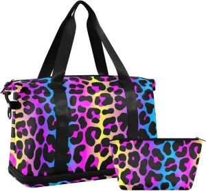 senya Weekender Bag for Women, Leopard Print Cheetah Neon Gradient Gym Sports Duffle Travel Tote with Toiletry Shoes Compartment Dry/Wet Separation Swim Bag