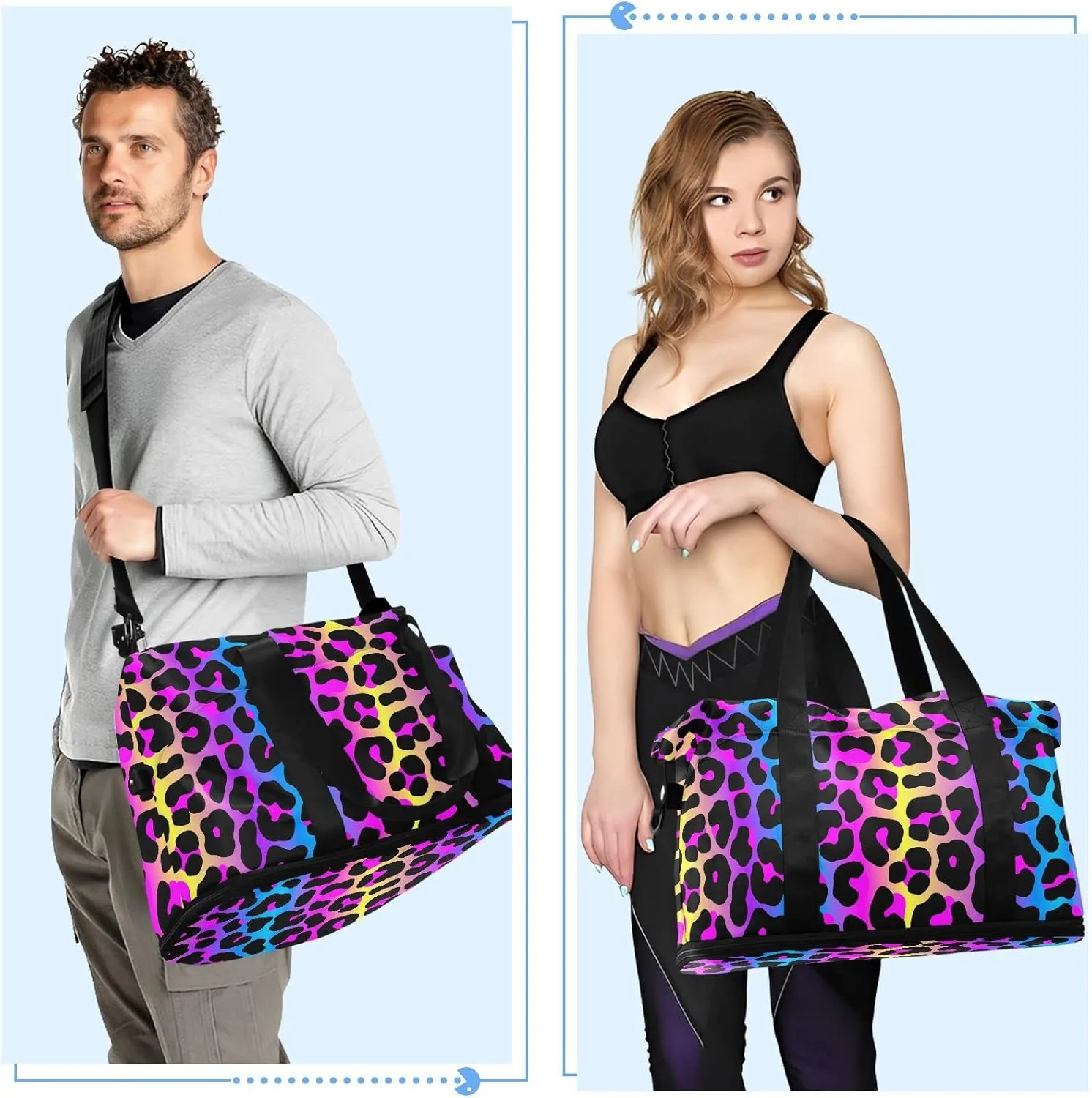 senya Weekender Bag for Women, Leopard Print Cheetah Neon Gradient Gym Sports Duffle Travel Tote with Toiletry Shoes Compartment Dry/Wet Separation Swim Bag
