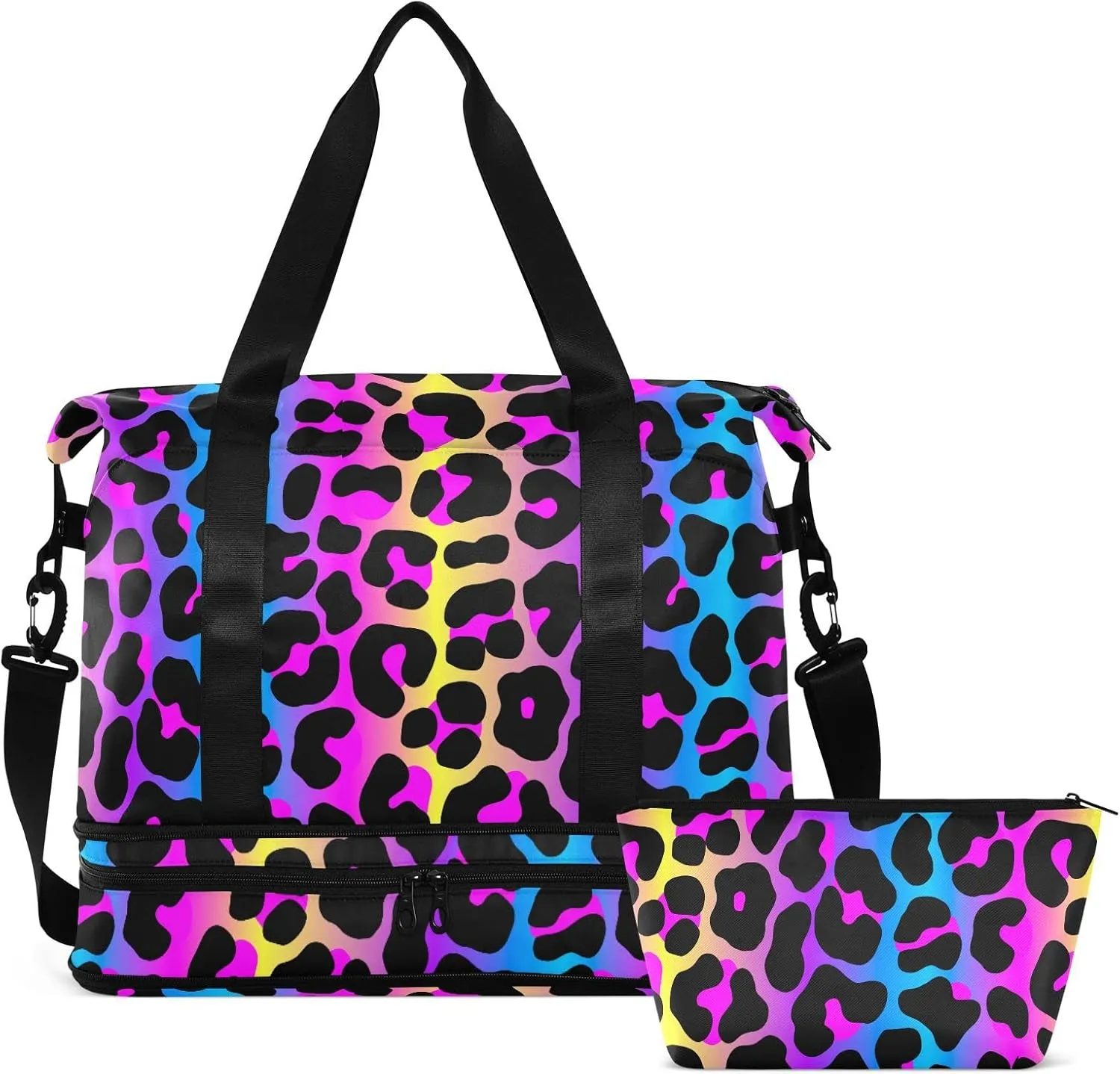senya Weekender Bag for Women, Leopard Print Cheetah Neon Gradient Gym Sports Duffle Travel Tote with Toiletry Shoes Compartment Dry/Wet Separation Swim Bag