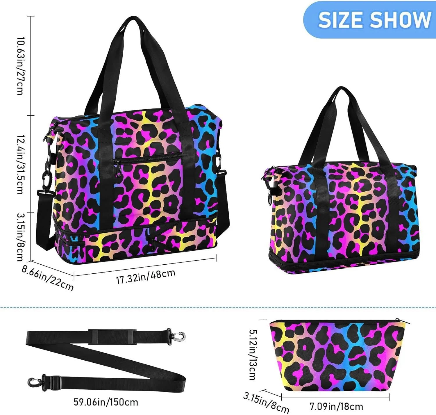 senya Weekender Bag for Women, Leopard Print Cheetah Neon Gradient Gym Sports Duffle Travel Tote with Toiletry Shoes Compartment Dry/Wet Separation Swim Bag