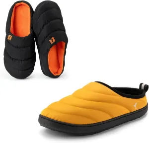 Set of 2 Pairs - Men's Size 9-10, Campground Memory Foam Down Slipper (Oriole) Trail-Therm Quilted Memory Foam Indoor Oudoor Camp Slipper(Yellow)