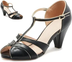 SHODENSE Women Round Open Toe Heeled Sandals Ankle T-Strap Kitten Heel Pumps Cut Out 2" Low Chunky Heel Sandal Shoes Dressy Strappy Buckle Mary Jane Heels Retro Elegant Wedding 4-11 M US