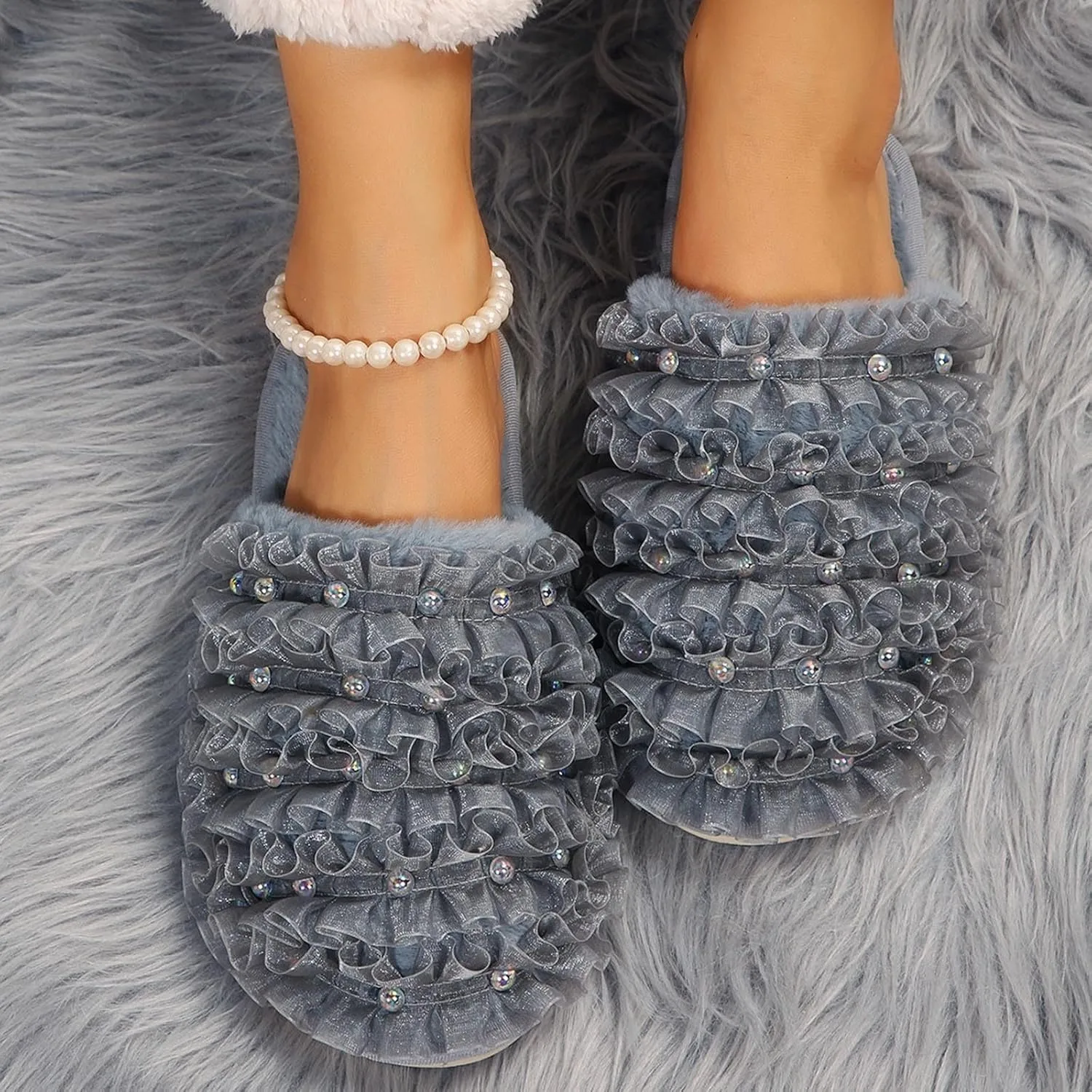 Sinzelimin Womens Slippers Fashion Flip Flop Shoes Home Mesh Woven Ribbon Nail Beads Covered Hair Fleece Lined Loafer Slipper