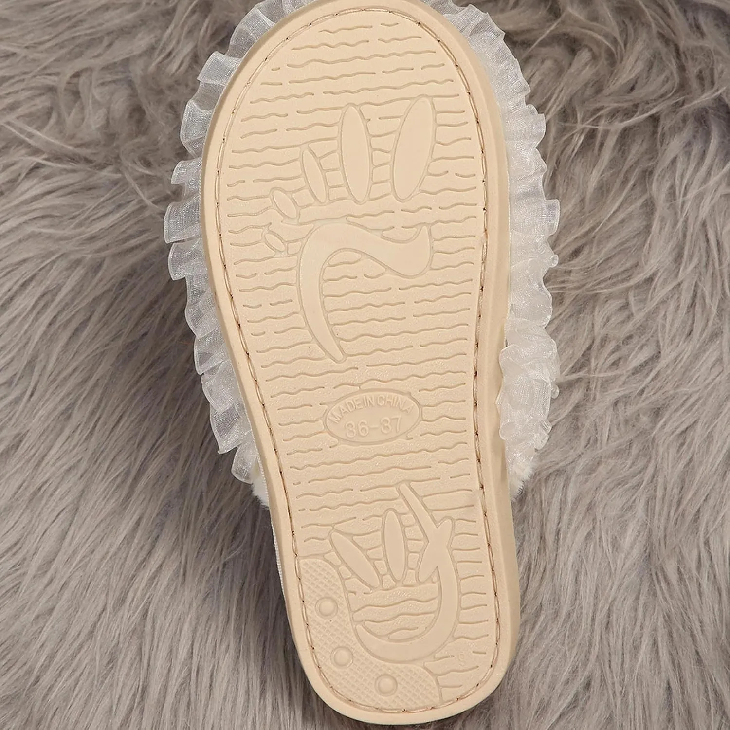 Sinzelimin Womens Slippers Fashion Flip Flop Shoes Home Mesh Woven Ribbon Nail Beads Covered Hair Fleece Lined Loafer Slipper