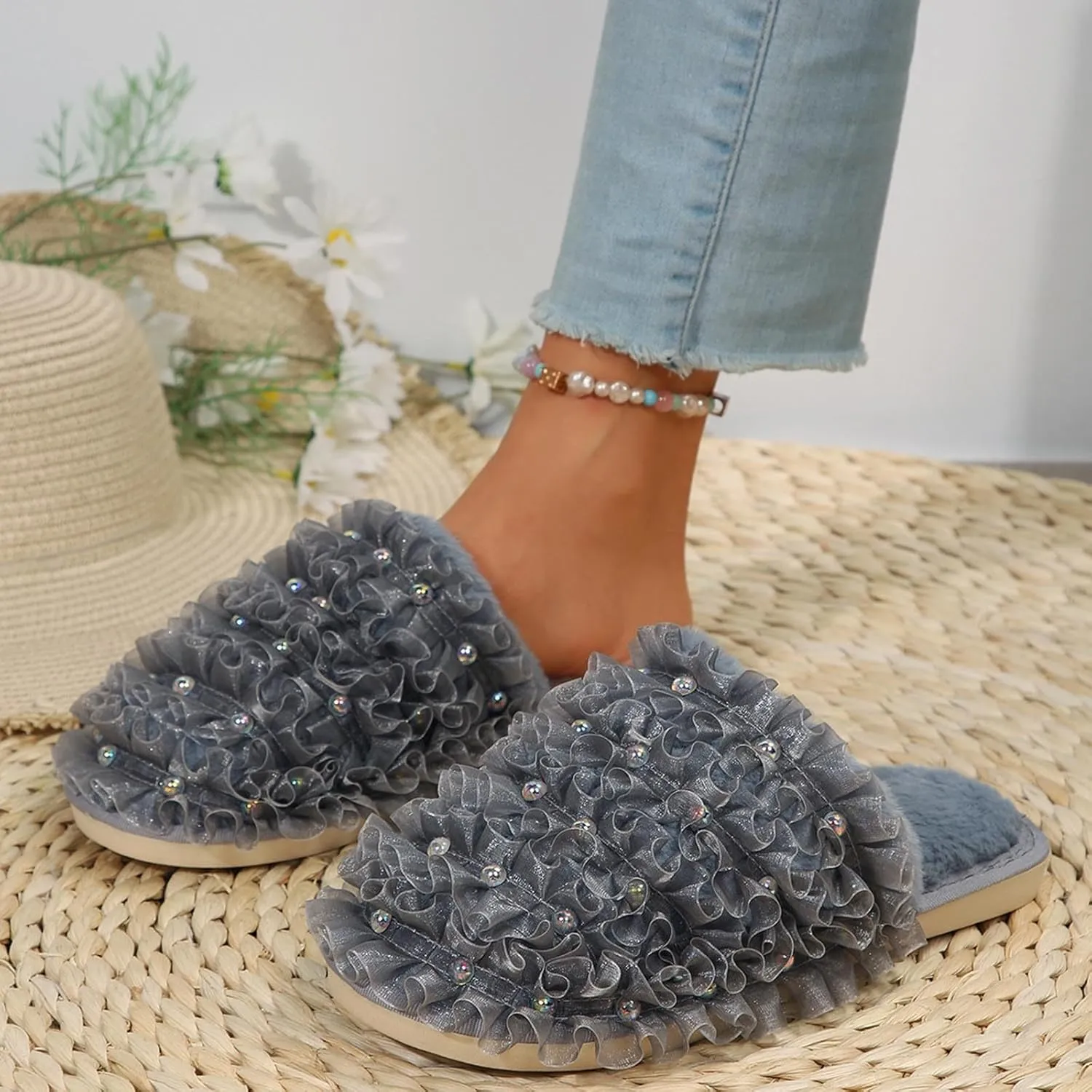 Sinzelimin Womens Slippers Fashion Flip Flop Shoes Home Mesh Woven Ribbon Nail Beads Covered Hair Fleece Lined Loafer Slipper