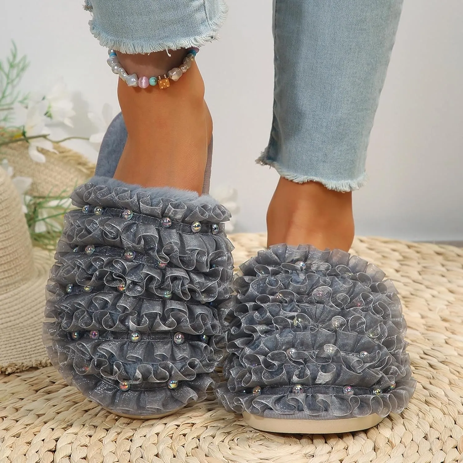 Sinzelimin Womens Slippers Fashion Flip Flop Shoes Home Mesh Woven Ribbon Nail Beads Covered Hair Fleece Lined Loafer Slipper
