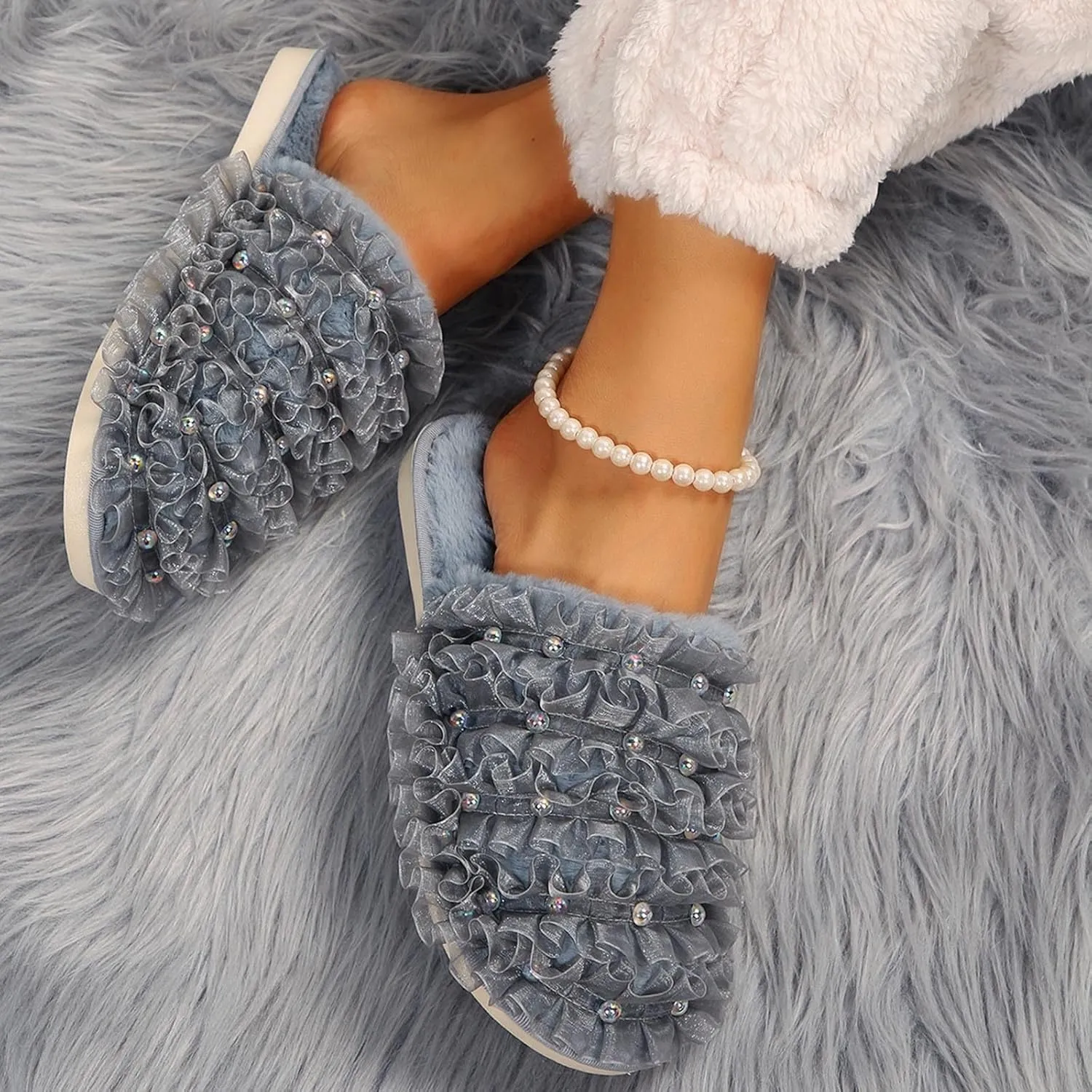 Sinzelimin Womens Slippers Fashion Flip Flop Shoes Home Mesh Woven Ribbon Nail Beads Covered Hair Fleece Lined Loafer Slipper