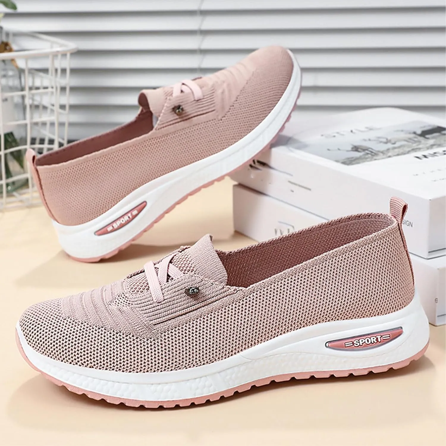 Slip On Orthopedic Sneakers Women Breathable Mesh Knitted Woven Low Top Walking Shoes Lightweight Wide Width Soft Sole Arch Support Non-Slip Shoes