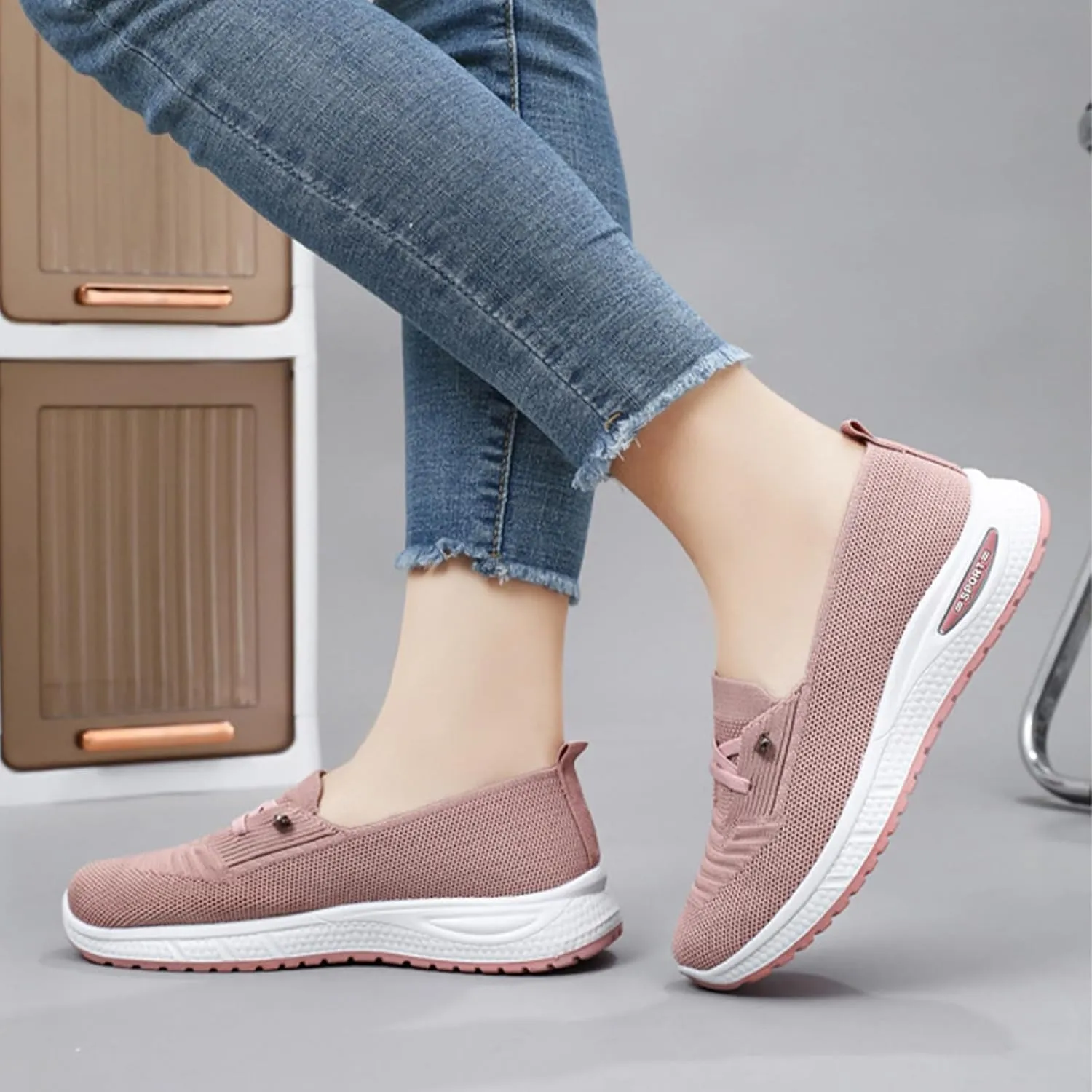 Slip On Orthopedic Sneakers Women Breathable Mesh Knitted Woven Low Top Walking Shoes Lightweight Wide Width Soft Sole Arch Support Non-Slip Shoes