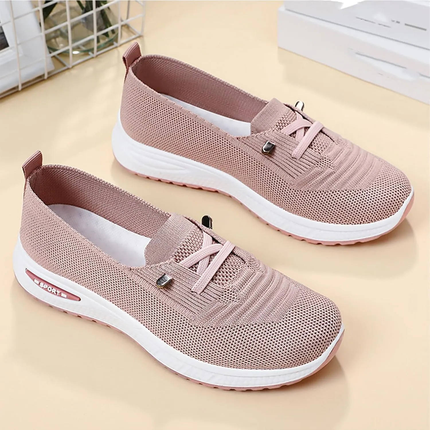 Slip On Orthopedic Sneakers Women Breathable Mesh Knitted Woven Low Top Walking Shoes Lightweight Wide Width Soft Sole Arch Support Non-Slip Shoes