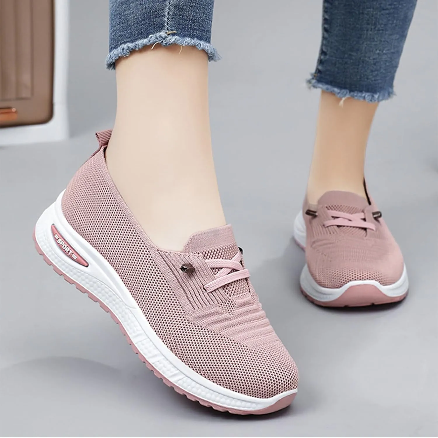 Slip On Orthopedic Sneakers Women Breathable Mesh Knitted Woven Low Top Walking Shoes Lightweight Wide Width Soft Sole Arch Support Non-Slip Shoes