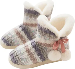 Slipper Boots Women Knit Plush Lining Winter House Shoes Memory Foam Indoor Outdoor