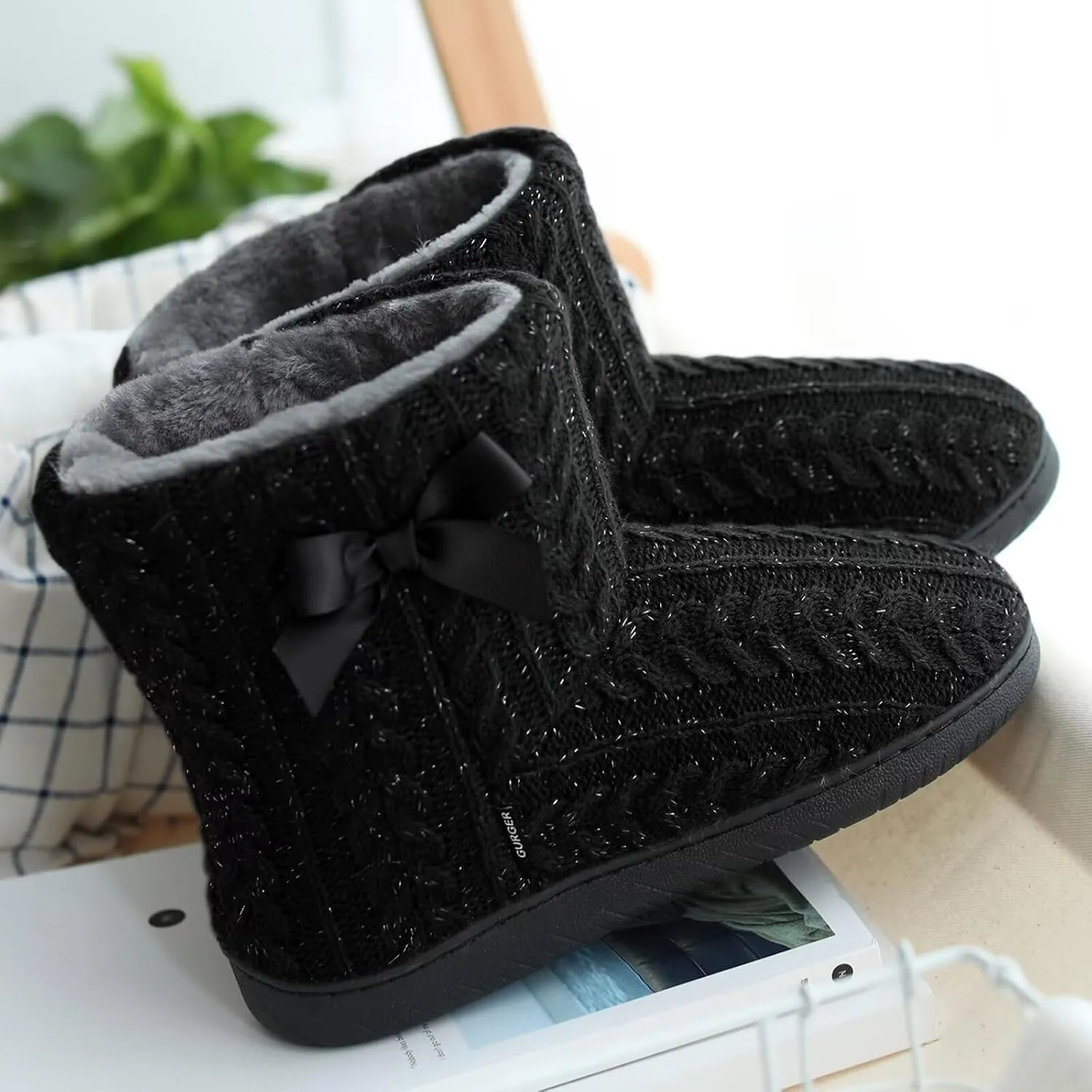 Slipper Boots Women Knit Plush Lining Winter House Shoes Memory Foam Indoor Outdoor