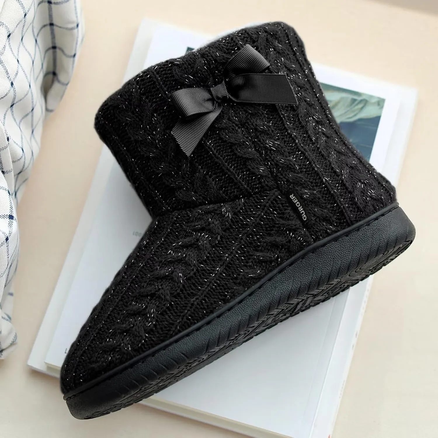 Slipper Boots Women Knit Plush Lining Winter House Shoes Memory Foam Indoor Outdoor