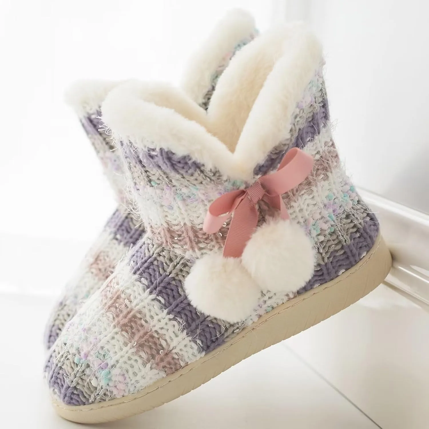 Slipper Boots Women Knit Plush Lining Winter House Shoes Memory Foam Indoor Outdoor
