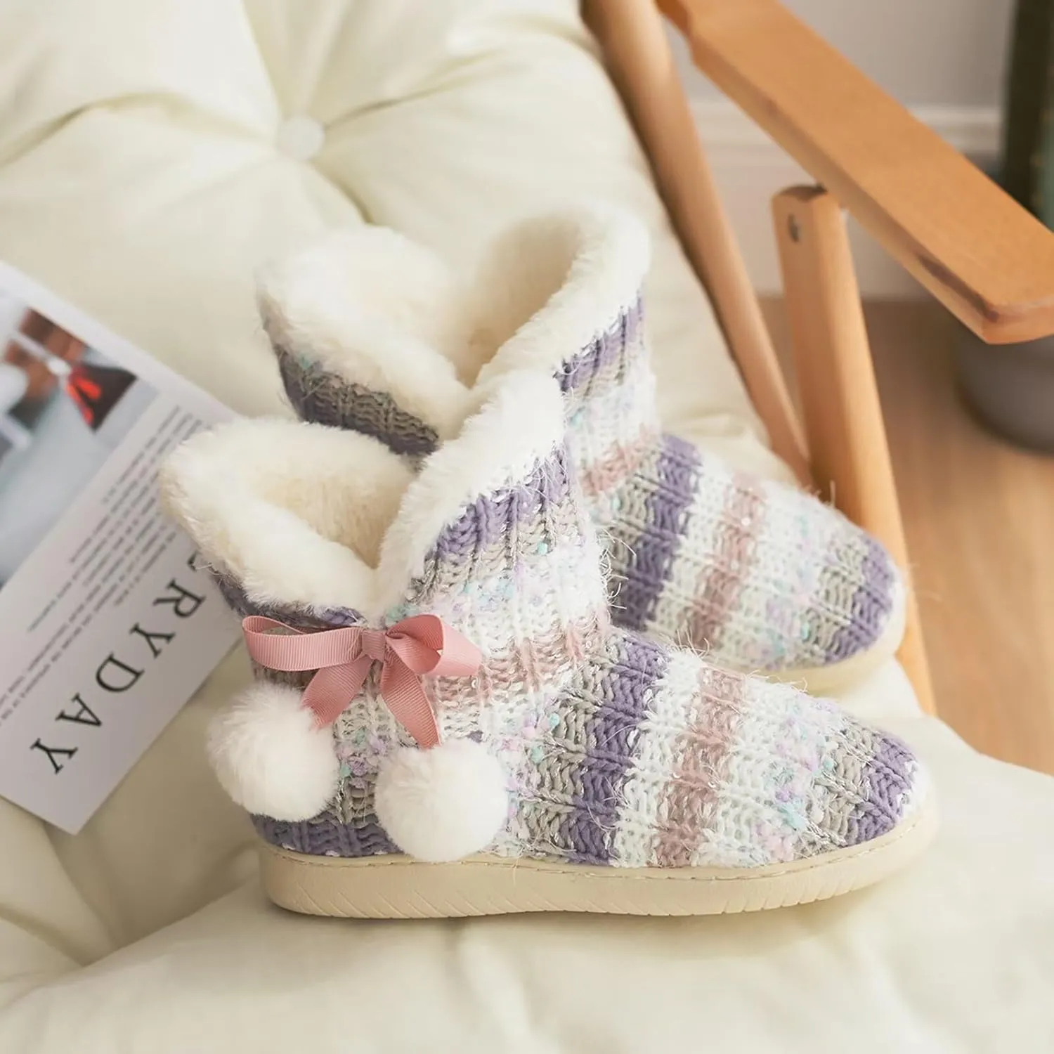 Slipper Boots Women Knit Plush Lining Winter House Shoes Memory Foam Indoor Outdoor