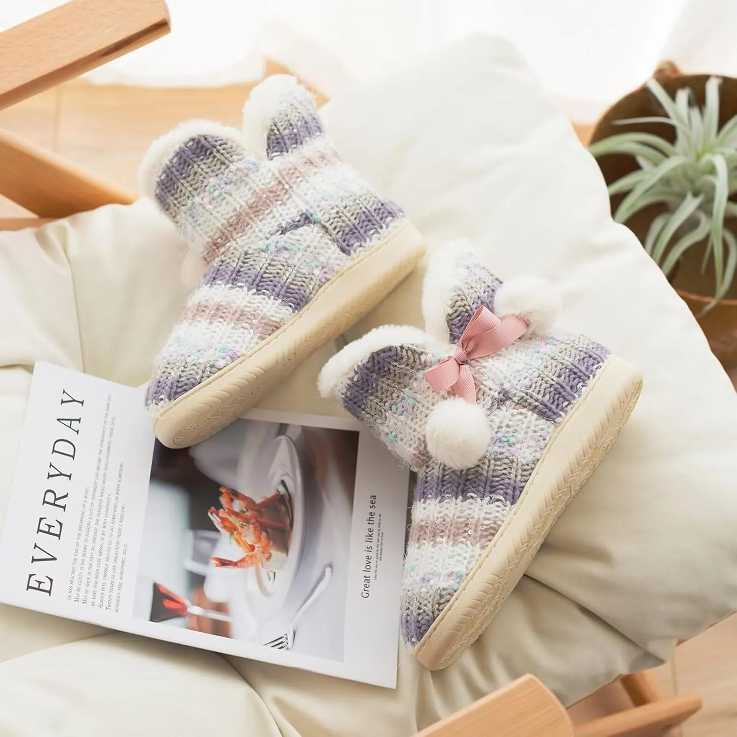 Slipper Boots Women Knit Plush Lining Winter House Shoes Memory Foam Indoor Outdoor
