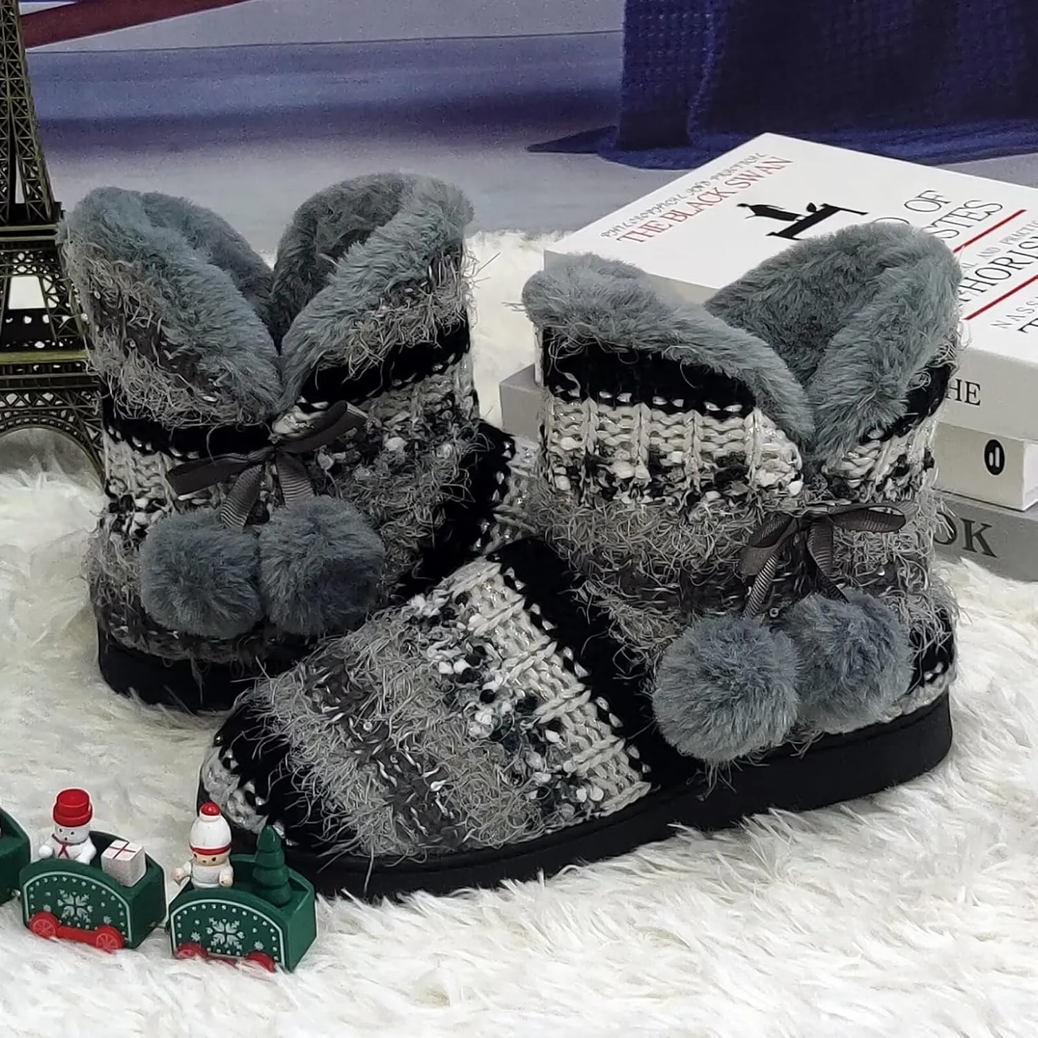Slipper Boots Women Knit Plush Lining Winter House Shoes Memory Foam Indoor Outdoor