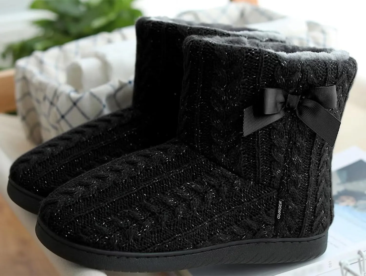 Slipper Boots Women Knit Plush Lining Winter House Shoes Memory Foam Indoor Outdoor