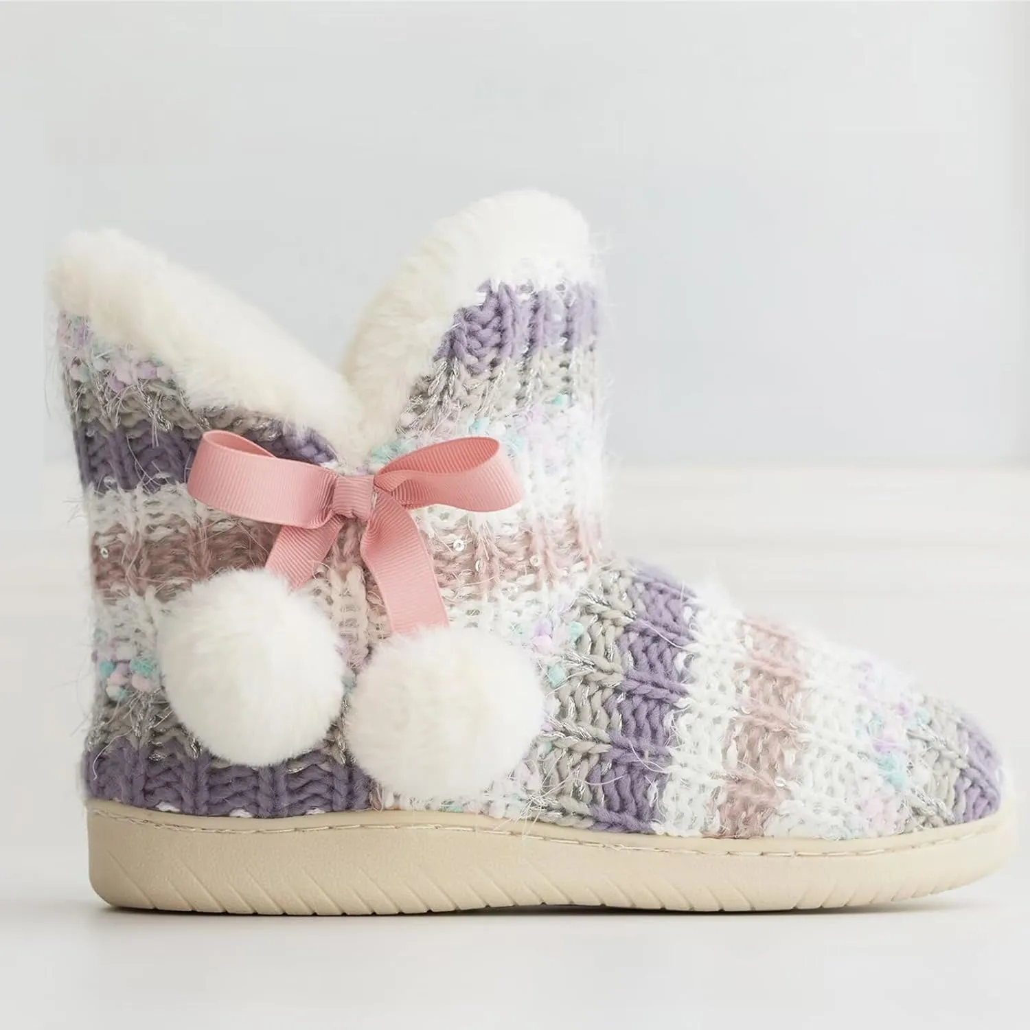 Slipper Boots Women Knit Plush Lining Winter House Shoes Memory Foam Indoor Outdoor