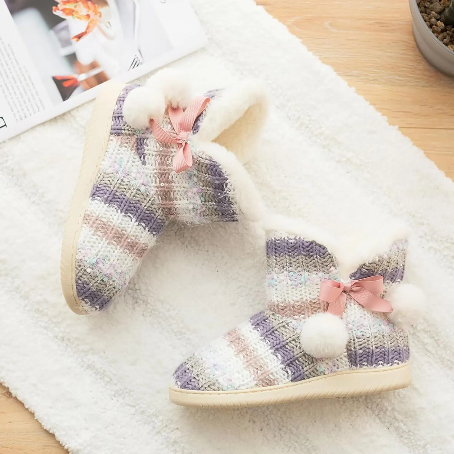 Slipper Boots Women Knit Plush Lining Winter House Shoes Memory Foam Indoor Outdoor