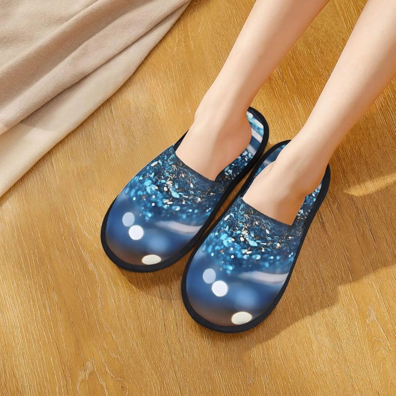 Slippers for Women Men Fuzzy House Slippers Blue Powder Plush Shoes Non-slip Memory Foam Slippers