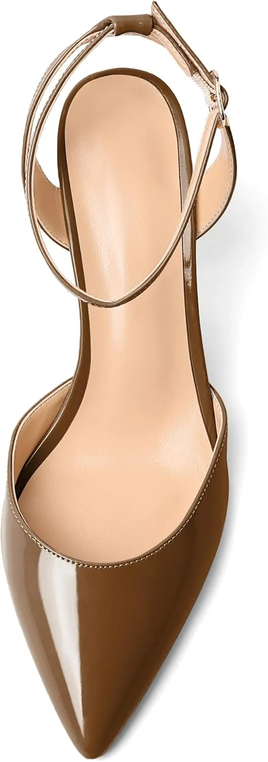 Soireelady Womens Chunky High Heels Pointed Toe Block Heels Ankle Strap Wrap Sandal Pumps Patent Leather Cut Out Design Classic Daily Dress Shoes
