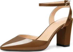 Soireelady Womens Chunky High Heels Pointed Toe Block Heels Ankle Strap Wrap Sandal Pumps Patent Leather Cut Out Design Classic Daily Dress Shoes