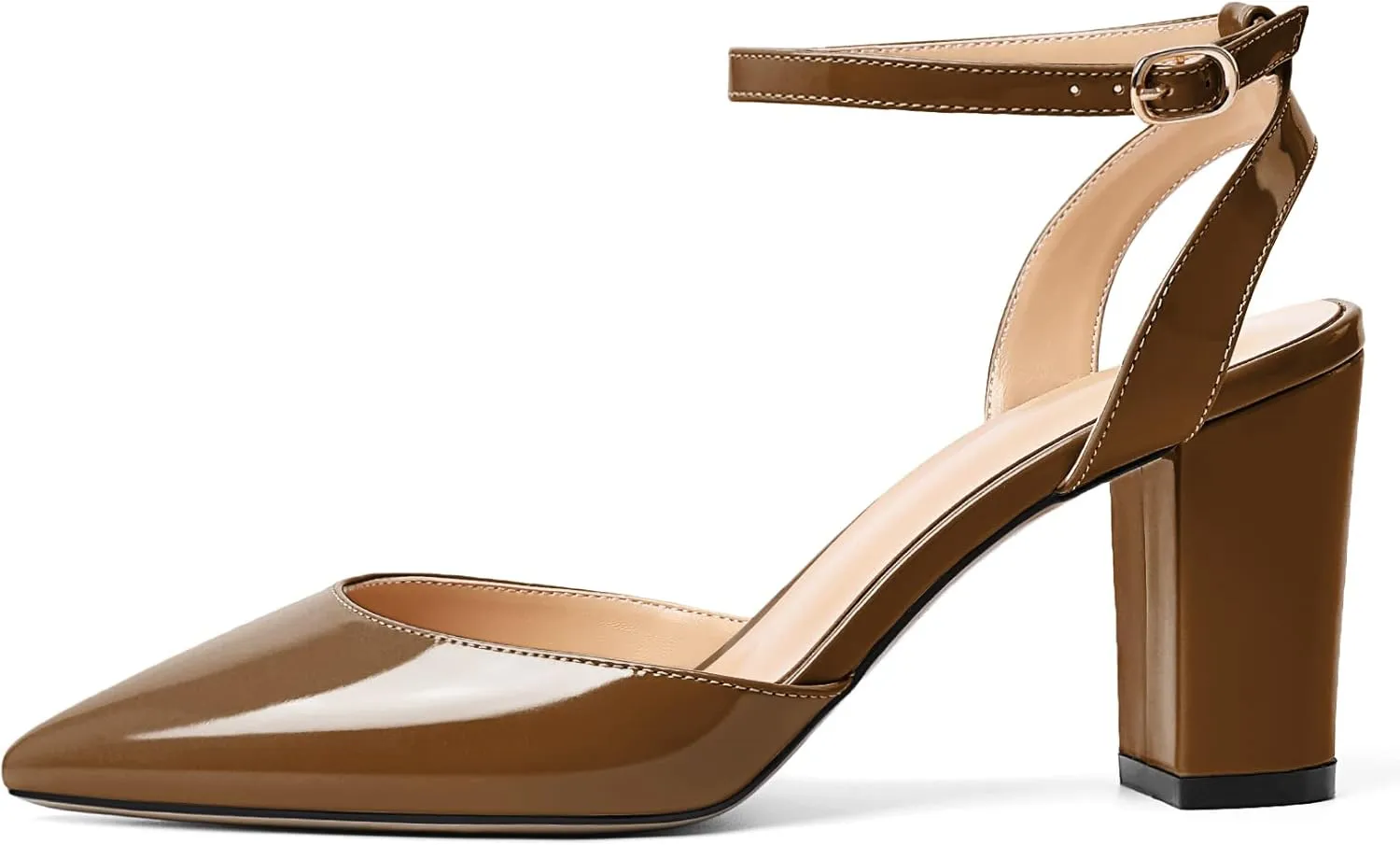 Soireelady Womens Chunky High Heels Pointed Toe Block Heels Ankle Strap Wrap Sandal Pumps Patent Leather Cut Out Design Classic Daily Dress Shoes