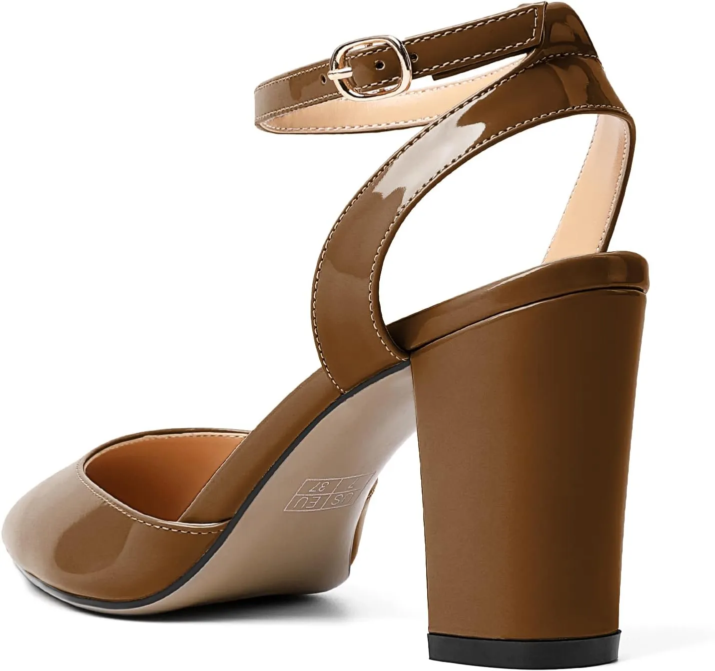 Soireelady Womens Chunky High Heels Pointed Toe Block Heels Ankle Strap Wrap Sandal Pumps Patent Leather Cut Out Design Classic Daily Dress Shoes
