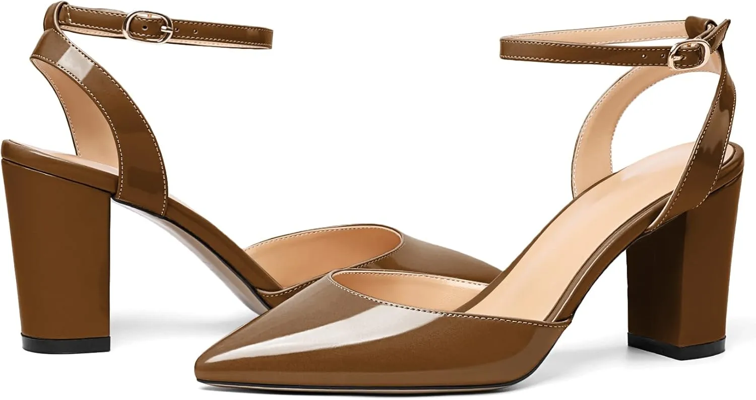 Soireelady Womens Chunky High Heels Pointed Toe Block Heels Ankle Strap Wrap Sandal Pumps Patent Leather Cut Out Design Classic Daily Dress Shoes