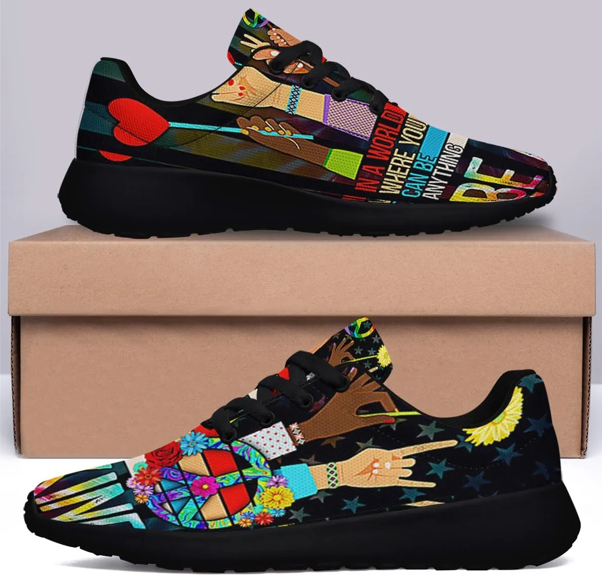 Sonzj-II Peace Hippie Printed Men Women Running Walking Shoes Lightweight Breathable Fashion Sneakers