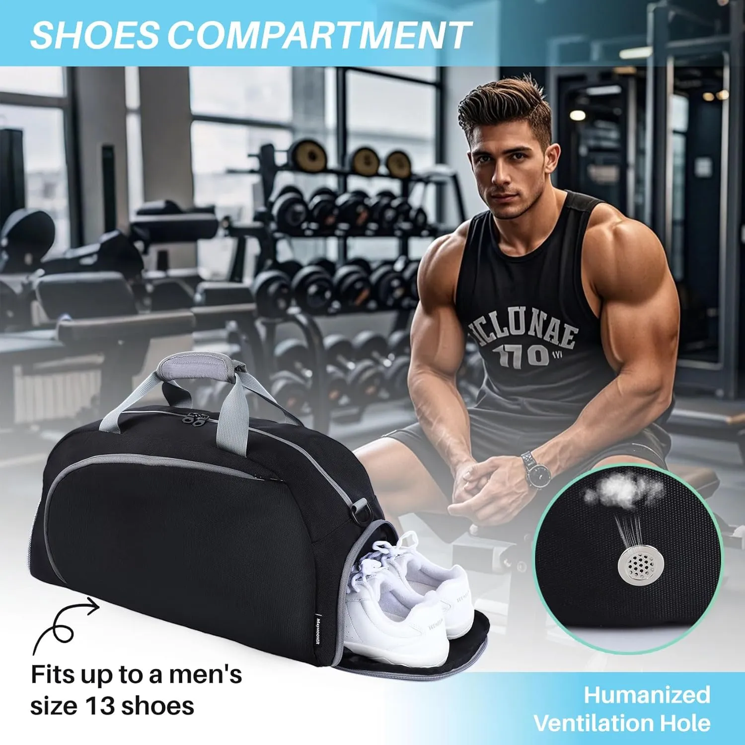 Sports Gym Bag for Women Men, Travel Workout Duffel Weekend Overnight Shoulder Bags with Shoes Compartment and Wet Pocket Lightweight Waterproof Hospital Black