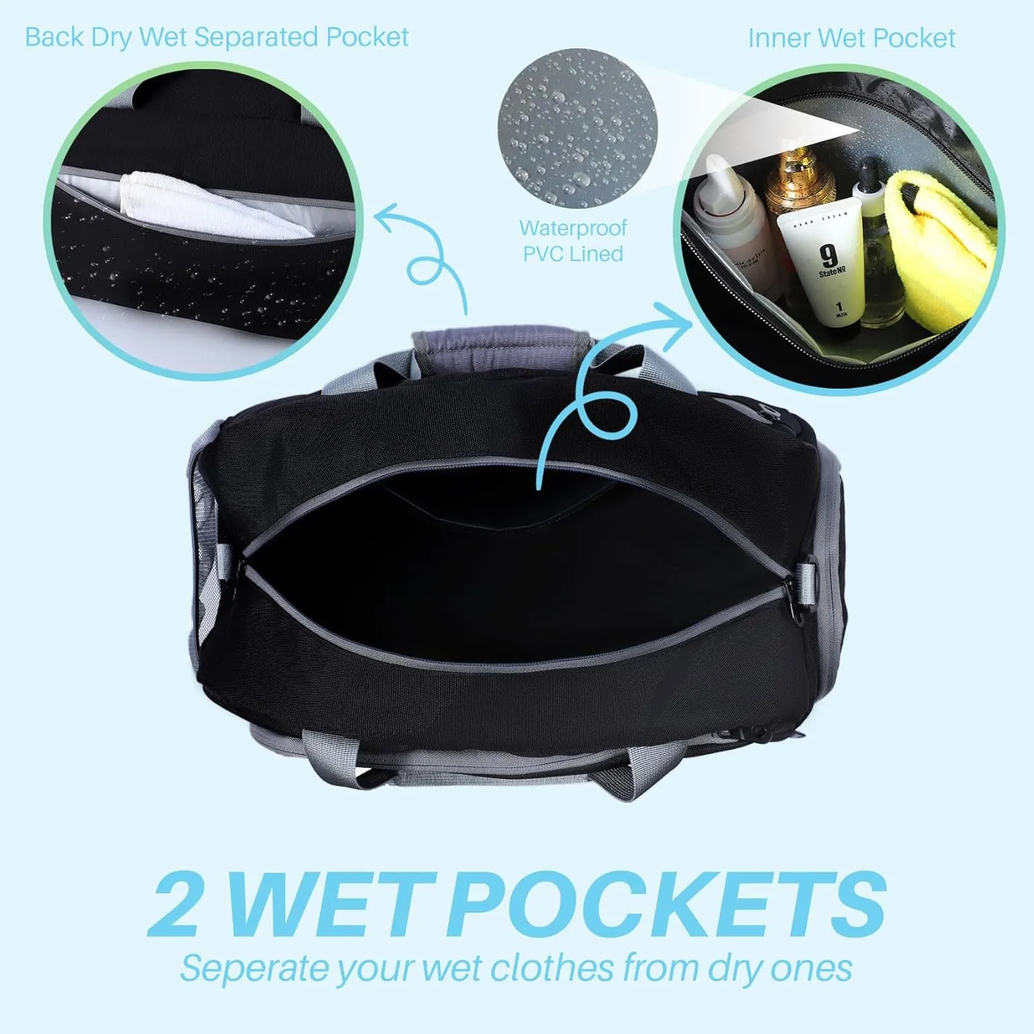 Sports Gym Bag for Women Men, Travel Workout Duffel Weekend Overnight Shoulder Bags with Shoes Compartment and Wet Pocket Lightweight Waterproof Hospital Black