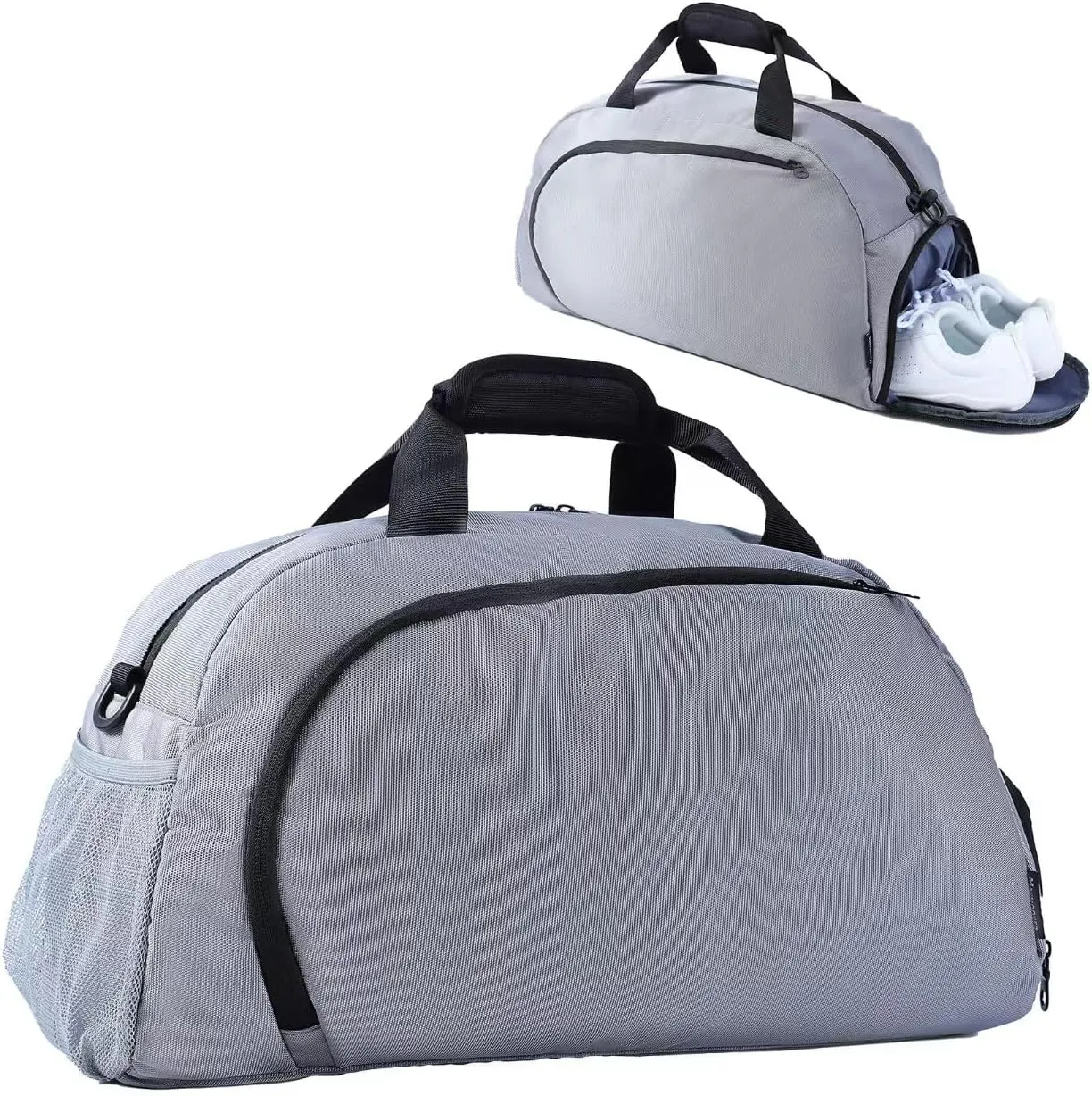 Sports Gym Bag for Women Men, Travel Workout Duffel Weekend Overnight Shoulder Bags with Shoes Compartment and Wet Pocket Lightweight Waterproof Hospital Silver Grey
