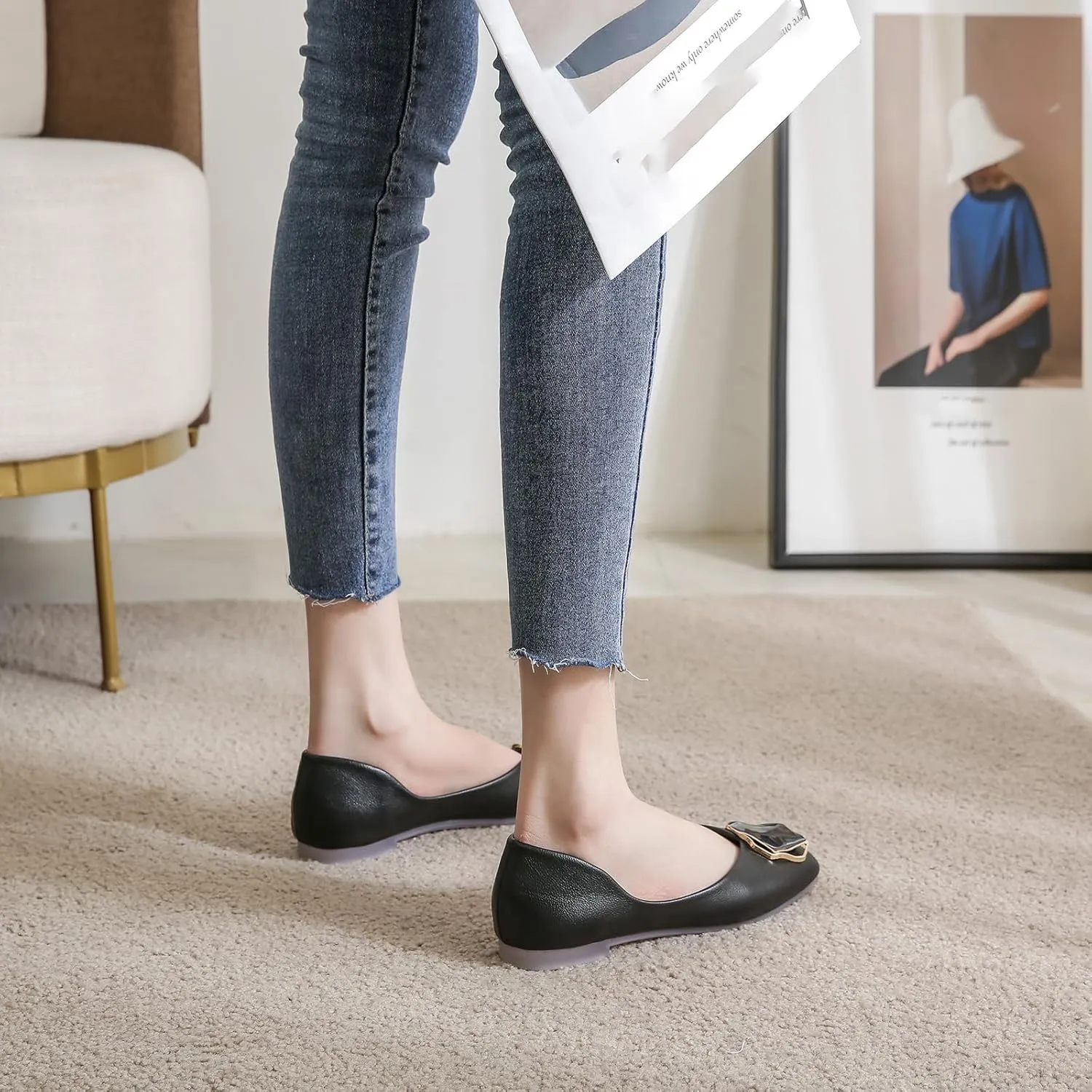 Stratuxx Kaze Women's Ballet Flats Square Toe Comfortable Office Work Shoes Flat Loafer Slip On Walking Driving Shoes