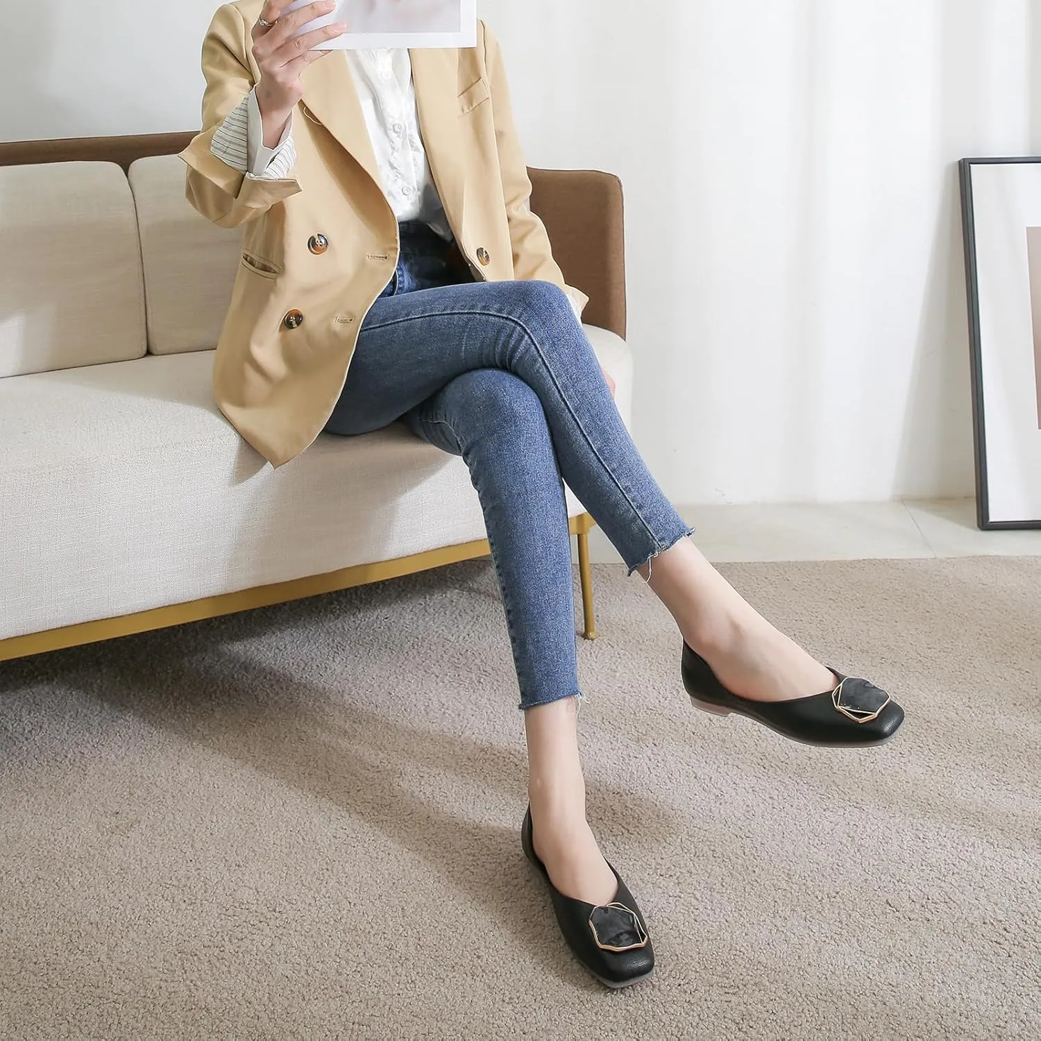 Stratuxx Kaze Women's Ballet Flats Square Toe Comfortable Office Work Shoes Flat Loafer Slip On Walking Driving Shoes