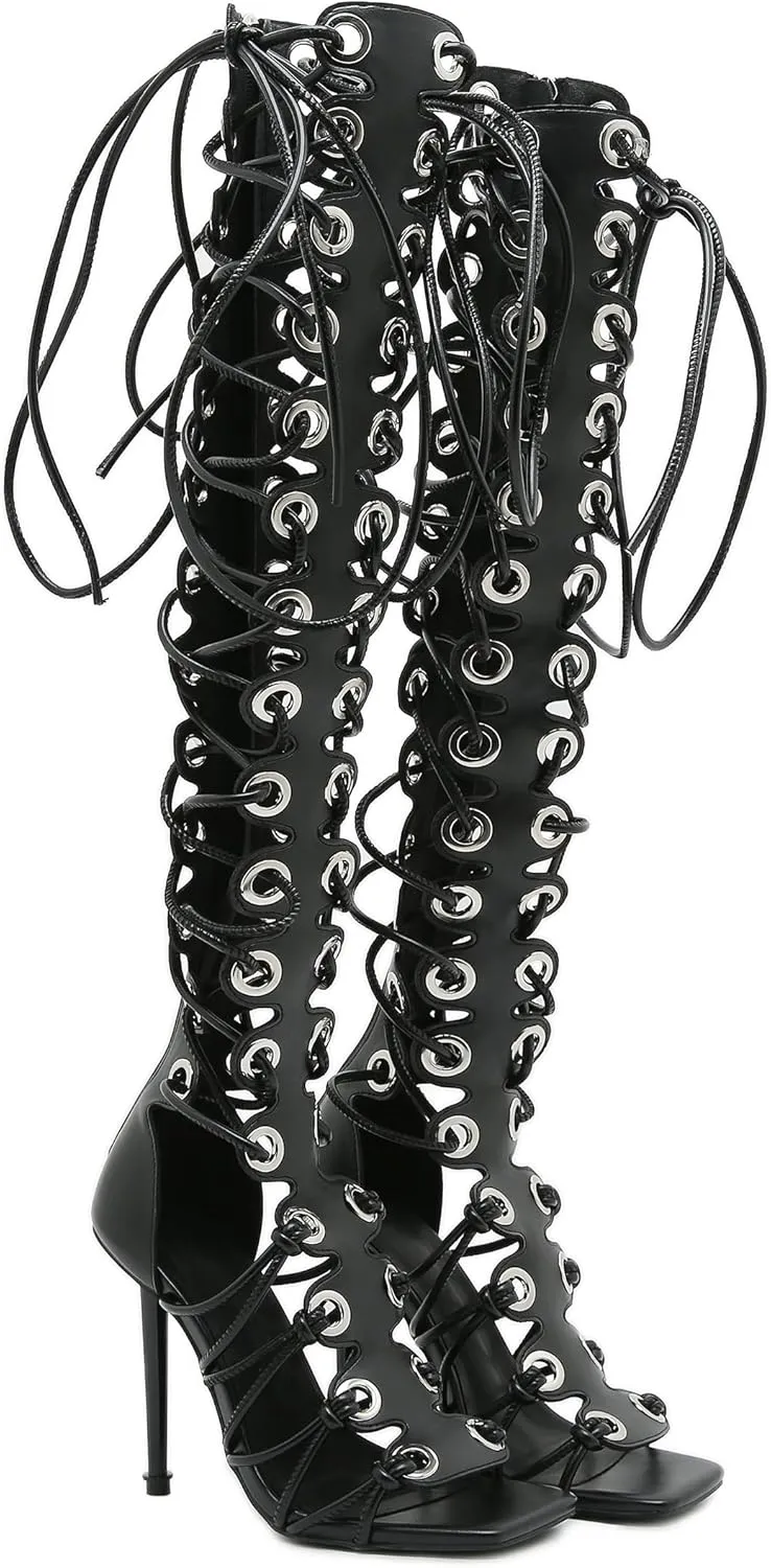 STUPMARY Women Peep Toe Sandals Cut-outs Cross-tied Lace Up High Heeled Gladiator Sandals Zipper Over The Knee Bootie Summer