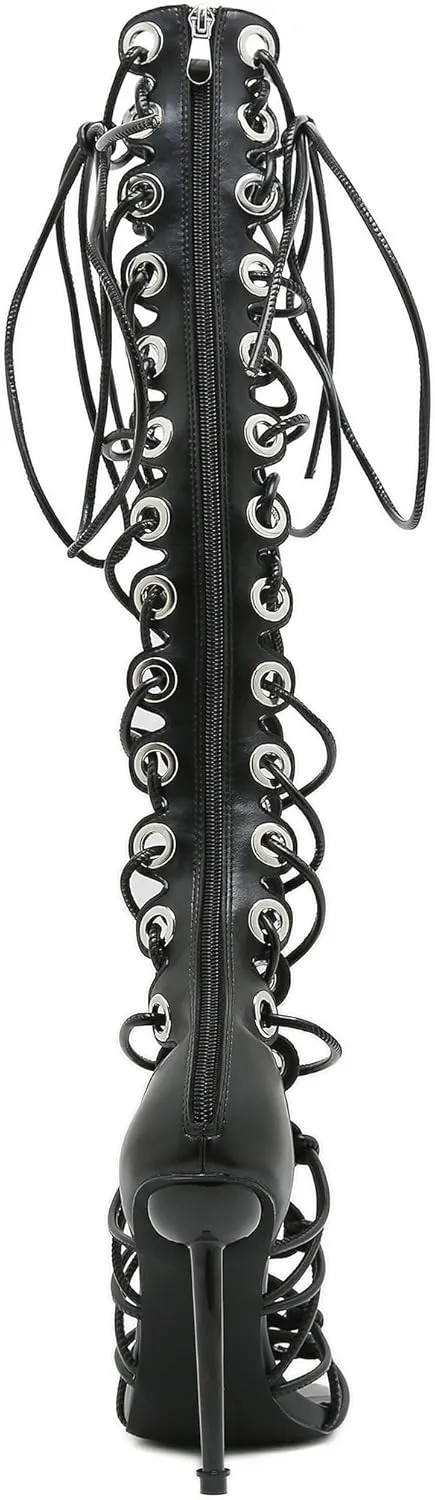 STUPMARY Women Peep Toe Sandals Cut-outs Cross-tied Lace Up High Heeled Gladiator Sandals Zipper Over The Knee Bootie Summer