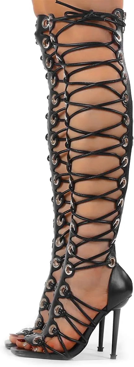 STUPMARY Women Peep Toe Sandals Cut-outs Cross-tied Lace Up High Heeled Gladiator Sandals Zipper Over The Knee Bootie Summer