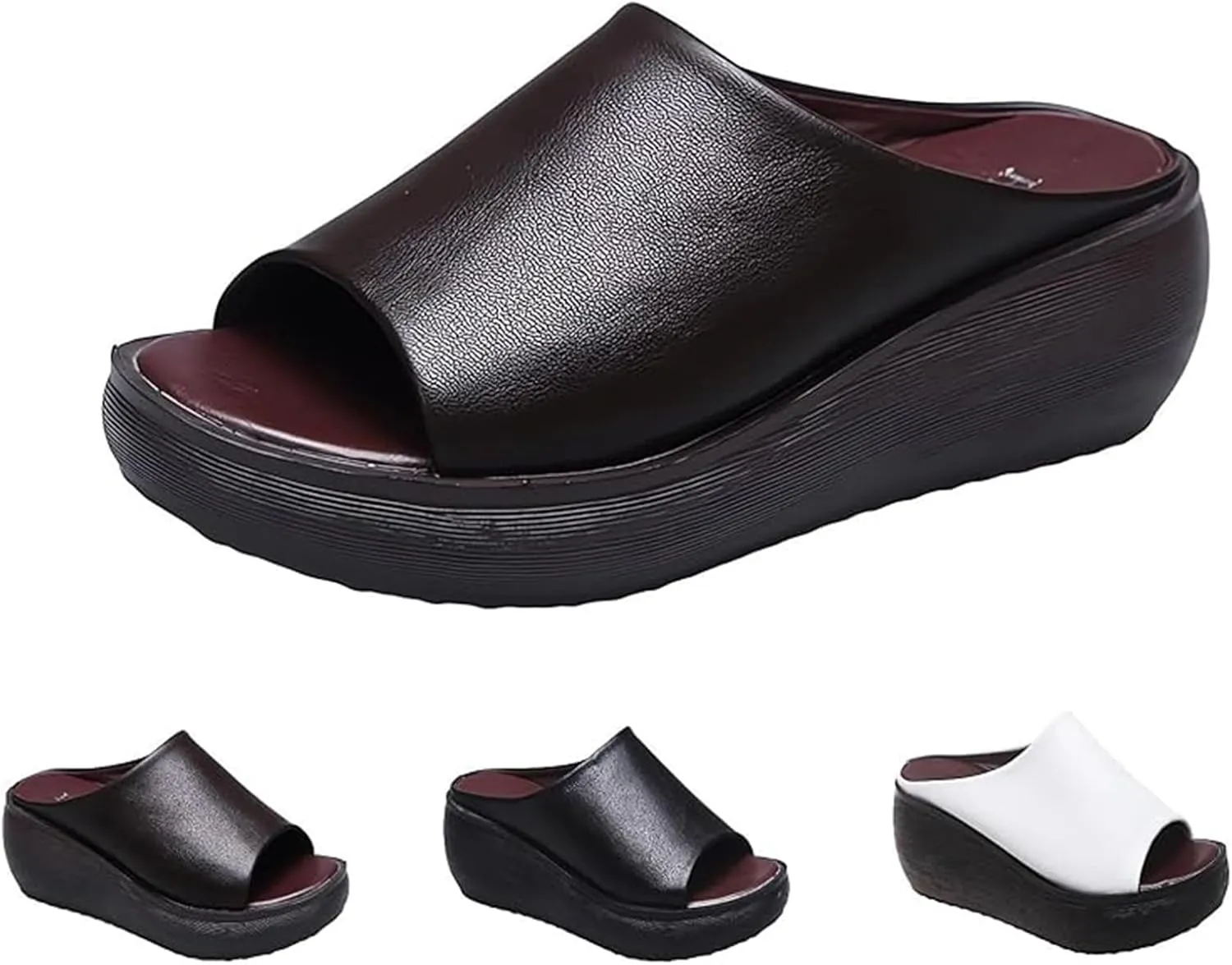 Summer Comfortable Orthotic Leather Wedges Slides,Dressy Platform Heel Arch Support Slip Sandals for Women