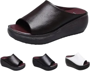 Summer Comfortable Orthotic Leather Wedges Slides,Dressy Platform Heel Arch Support Slip Sandals for Women