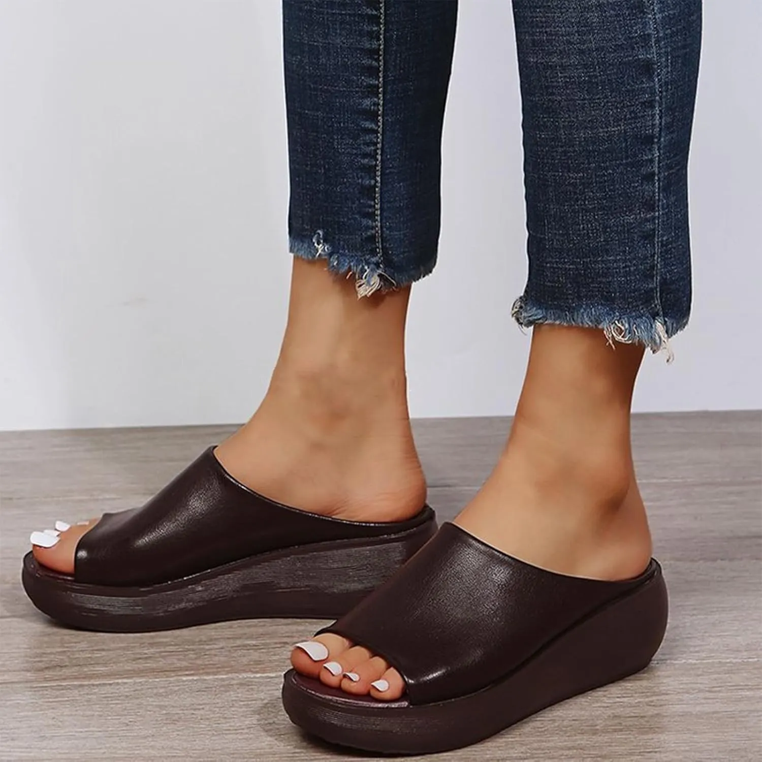 Summer Comfortable Orthotic Leather Wedges Slides,Dressy Platform Heel Arch Support Slip Sandals for Women