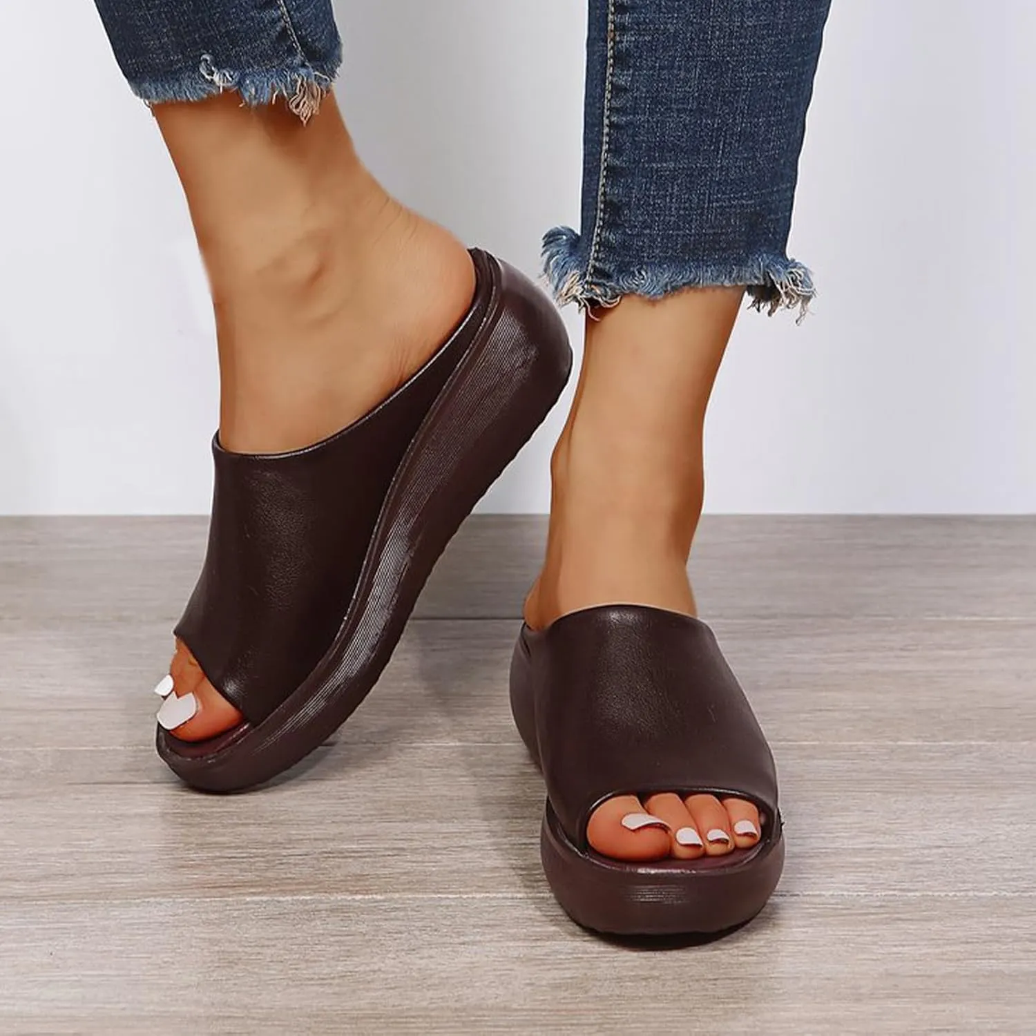 Summer Comfortable Orthotic Leather Wedges Slides,Dressy Platform Heel Arch Support Slip Sandals for Women